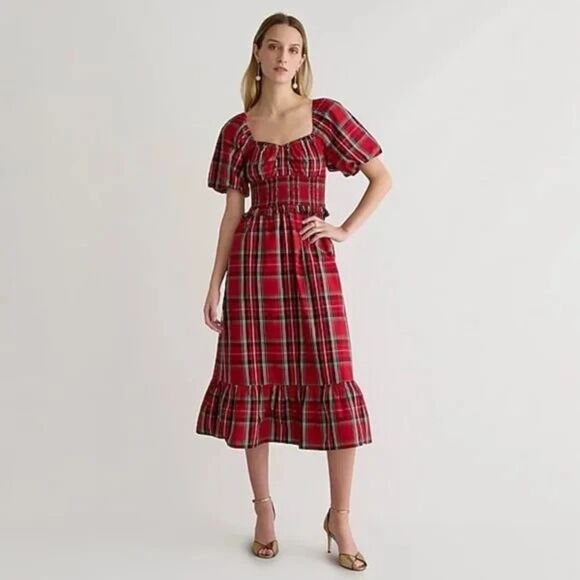 NWT J. Crew Smocked-Waist Puff-Sleeve Cotton Poplin Midi Dress, Deep Ruby, S - Picture 1 of 10